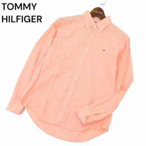 TOMMY HILFIGER トミーヒルフィガー 春夏 麻 リネン混★ ロゴ刺繍 長袖 ボタンダウン シャツ Sz.S　メンズ　C4T07113_7#A