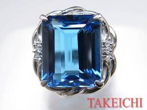 【三越】Pt900★リング 指輪 ◆ブルートパーズ16.60ct ◇ダイヤモンド0.09c t ●14号 ソーティング付き 【中古】 /I304/24427