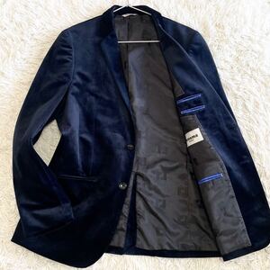 1円〜【極美品】renoma HOMME レノマオム テーラードジャケット ベロア ベルベット 光沢 2B ネイビー XL 大きいサイズ シングル 本切羽