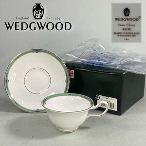 D240512-4【未使用】WEDGWOOD ウェッジウッド JADE ジェイド（ピオニー）カップ&ソーサー 黒壺 旧ロゴ【廃盤希少】