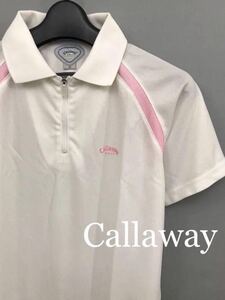 キャロウェイ Callaway Golf ウェア 薄手 半袖 ハーフジップ ドライポロシャツ ホワイト ピンク 白 レディース Mサイズ