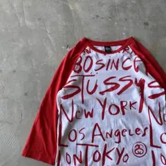 【総柄ロゴ、ラグランTシャツ】stussy七分丈ストリート古着グランジsk8赤