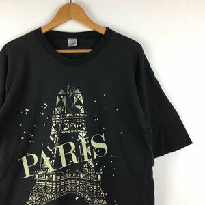 ビンテージ 80s【パリ エッフェル塔】FRANCE PARIS Tシャツ 4 スーベニア 大判 ゴールド EU古着 フランス製 黒 90s XL アメカジ アートT