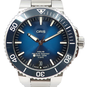 【栄】オリス ORIS 腕時計 アクイス デイト 01 400 7763 4135 青文字盤 SS 自動巻き アナログ 裏スケ 男性 保証書 箱