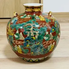 【匿名配送】九谷焼 木米 花瓶 約22cm径 金彩耳付き 人物画 壺 花器