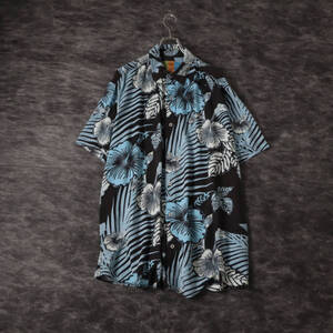 MARGARITAVILLE Hibiscus Pattern Bicolor Rayon Short Sleeve Shirt ハイビスカス柄 レーヨン 総柄 アロハ 半袖シャツ 青 黒 S189