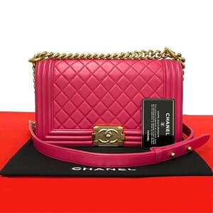 ほぼ未使用 カード シール有 袋付 23番台 CHANEL シャネル ボーイシャネル ラムスキン チェーン ショルダーバッグ ポシェット ピンク 22948