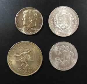 アメリカ銀貨1964年　メキシコ銀貨1964年　メキシコオリンピック銀貨1968年　ドイツ ミュンヘンオリンピック銀貨 1972年　4枚まとめ　27-23