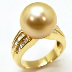 大珠!!＊K18南洋ゴールデンパール/天然ダイヤモンドリング＊◎j 約9.9g 約12.0号 0.54ct 12.5mm珠 pearl diamond ring 指輪 EH3/EH3