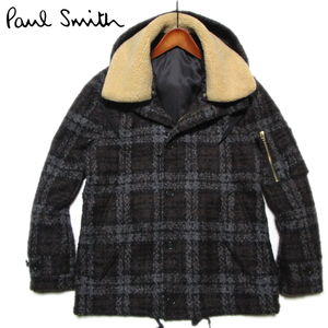 【ポールスミス】 ボア衿　ウールブークレ　フーデッドジャケット　サイズM　美品　冬物　チェックデザイン　PS Paul Smith　ジョイックス