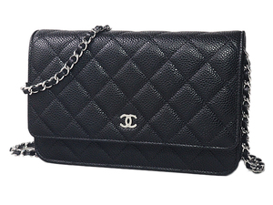 富士屋◆シャネル CHANEL マトラッセ キャビアスキン A33814 ブラック シルバー金具 チェーンウォレット 未使用