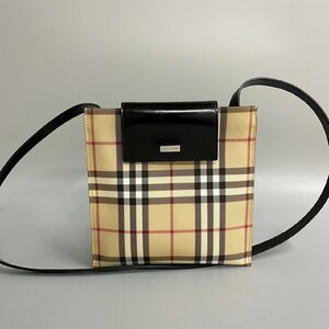 美品 希少品 BURBERRY バーバリー ノバチェック 柄 ロゴ 金具 レザー 本革 ミニ ショルダーバッグ ポシェット サコッシュ ブラック 20343