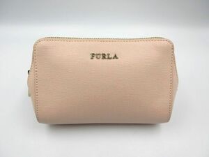 ◇ FURLA フルラ ポーチ コスメポーチ 小物入れ ピンク ベージュ系 レザー ロゴ金具 中古品