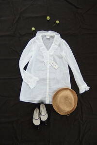 ■　agnes b アニエスベー　コットン　ローン生地　フリルシャツ　チュニック　長袖　白　未使用　タグ付き