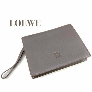 LOEWE ロエベ アナグラム レザー クラッチバッグ ブラウン 茶 革 型押し メンズ セカンドバッグ ビジネスバッグ 鞄 バッグ ストラップ