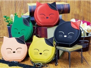 ＜値下げ＞新品■しっかりした作りのかわいいキャットフェイス刺繍入り合皮ポーチ・コインケース／ピンク■愛猫家におすすめ！