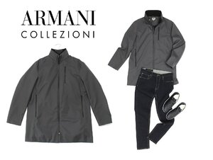 17万新品◆50=L◆【ARMANI】アルマーニ COLLEZIONI フード内蔵ハイネック フロント止水ジップファスナーデザインジャケット 濃灰 1円