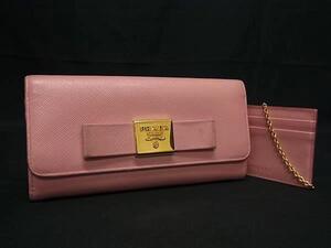 1円 PRADA プラダ サフィアーノレザー リボン パスケース付き 二つ折り 長財布 ウォレット 札入れ 小銭入れ ピンク系 FL2658