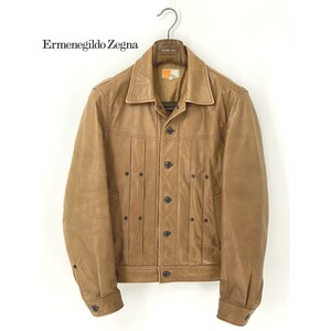 A9525/秋冬 Ermenegildo Zegna エルメネジルドゼニア 牛革 本革 レザー カウハイド シングル ライダース ジャケット ブルゾン M 茶 メンズ