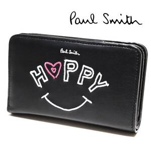 《Paul Smith ポールスミス》新品 ポケット多数 HAPPY・LOVE刺繍 レザー2つ折り財布 ウォレット プレゼントにも A9137