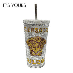 中古A/美品 VERSACE ヴェルサーチ タンブラー クリスタル メドゥーサ トラベル カップ ロゴ ラインストーン ホワイト 20506857