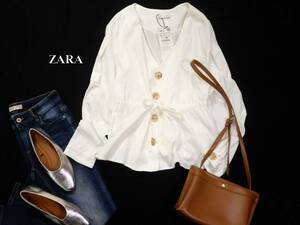 未使用 ザラ ZARA TRF 大人可愛い☆ コットン 綿 細畝コーデュロイ Vネック ウエストマーク デザインシャツ L