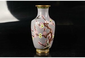 [URA]中国美術/七宝花鳥文花瓶/高さ26cm/800g/8-5-35　(検索)骨董/銅器/銅花瓶/花器/花入/花生/壷/飾壷/七宝焼