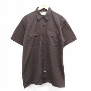 L/古着 ディッキーズ Dickies 半袖 ワーク シャツ メンズ 00s ロング丈 こげ茶 ブラウン 24jul03 中古 トップス