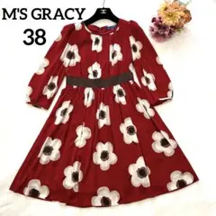 【極美品】M’S GRACY 38花柄 ギャザーワンピース 7分袖 ベロア