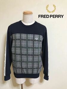 【良品】 FRED PERRY フレッドペリー 切替し トレーナー クルーネック ニット スウェット トップス サイズL 長袖 F3214 ネイビー