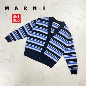 美品 MARNI マルニ ユニクロ コラボ ウール混 ランダムボーダーニットカーディガン トップス レディース 黒 マルチカラー サイズM*RC897