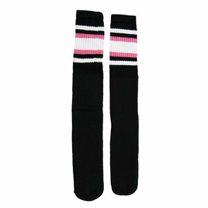 SkaterSocks ロングソックス 靴下 ソックス スケボー Knee high Black tube socks with White-BubbleGum Pink stripes style 4 (25インチ)