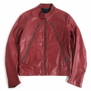 良品□Maison Margiela 14 メゾンマルジェラ ここのえタグ スタンドカラー カーフスキン 八の字ライダース レッド 46 イタリア製 正規品