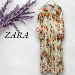 ZARA✨️長袖シャツワンピース 花柄 ノーカラー フレアスカート ティアード