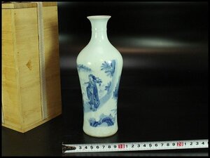 【金閣】中国美術 古染付 青花 人物山水図 瓶 高22.5cm 旧家蔵出 送料無料(LC347)