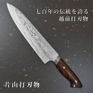 包丁 牛刀 240mm 片山打刃物 越前打刃物 粉末ステンレスハイス スーパーゴールド2 ニッケルダマスカス アイアンウッド柄 8寸 片山雄太