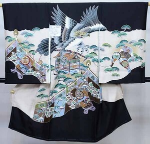 お宮参り 産着 のしめ 男児 正絹 着物 羽二重 豪華絢爛 金刺繍 祝着 鷹 黒地 新品 (株) 安田屋 NO35407-1