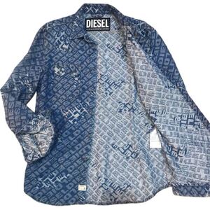 極美品/XL相当●DIESEL ディーゼル デニム シャツ 総柄 ジャケット インディゴブルー Gジャン 高級感 ブレイブマン メンズ 高級感◎ 秋冬