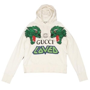 グッチGUCCI タイガープリントスウェットパーカー ライトベージュ緑XS