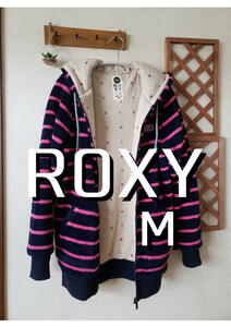 ★ROXYロキシー ボーダーもこもこボアジップパーカーフードジャケット M★