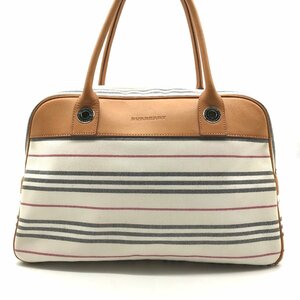 1円 良品 BURBERRY バーバリー ロゴ型押し キャンバス レザー ボストン ハンド バッグ ノバストライプ ホワイト ブランド 鞄 gk2962