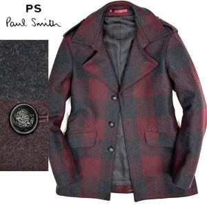 極美品!!PS Paul Smith ポールスミス 223384 メルトン ウール Pコート(S) ブロックチェック レッド×グレー メンズ アウター コート