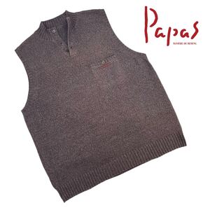 極美品 Papas パパス ハーフ釦 モックネック ニットベスト サイズM ブラウン 美シルエット 上質コットン 人気 胸ロゴ vintagepapas A2240