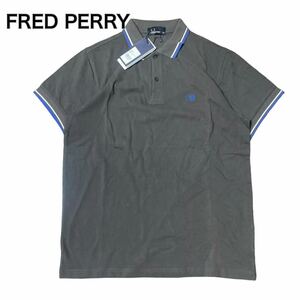 FRED PERRY フレッドペリー 半袖ポロシャツ グレーブルー 刺繍ロゴ　XL オーバーサイズ タグ付き