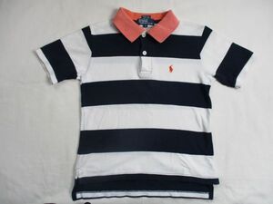 BF617【Polo by Ralph Lauren】ロゴ刺繍　ボーダー　半袖　ポロシャツ　訳有　男児　白・濃青　５ (110-120)