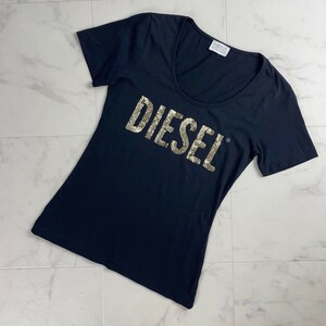 美品 DIESEL ディーゼル フロントデザインTシャツ 半袖カットソー スパンコール トップス レディース 黒 ブラック サイズXS*TC1074