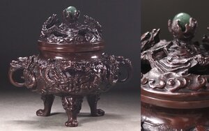 ∇花∇金工師【竹翁斎】作 高岡銅器 蝋型鋳銅 浮彫雲龍図香炉 共箱付