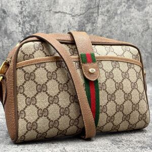 極美品 GUCCI グッチ シェリーライン GG ショルダーバッグ レザー 本革 PVC ベージュ ブラウン ロゴ ゴールド 金具 肩掛け クロスボディ