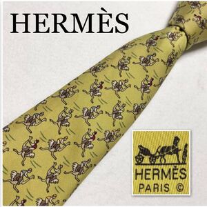 HERMES エルメス　ネクタイ　ダチョウに乗る騎手　シルク100% フランス製　イエロー　ビジネス