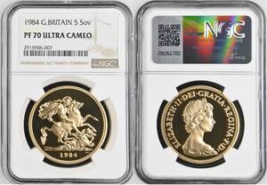 1984年 英国 イギリス ヤングエリザベス 5ソブリン 5ポンド 5SOV プルーフ 金貨 NGC PF70 ULTRA CAMEO セントジョージ ドラゴン